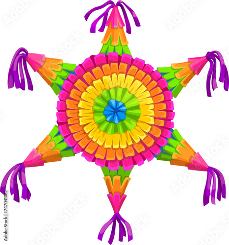 Mexican pinata, isolated cartoon vector vibrant, star-shaped holiday papier-mache item, filled with candies and treats, adorned with colorful decorations, bringing joy and surprises to participants