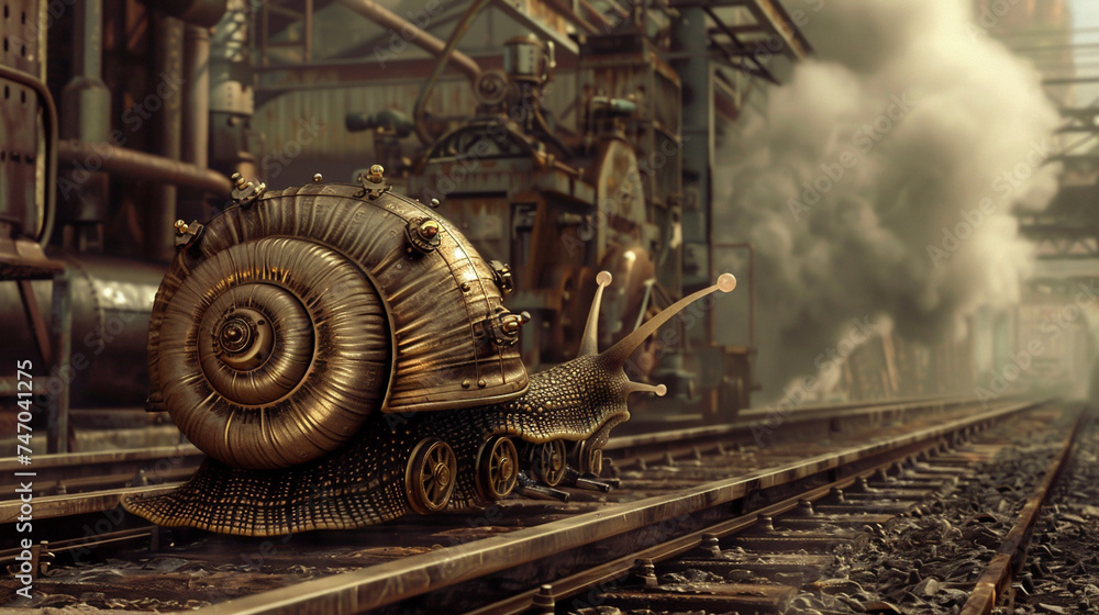 Snail turbo flames speed on a mission speeding through a snail at train station. Snail captured in a dynamic, sunlit scene, embodying movement and the beauty of nature. Retro style.