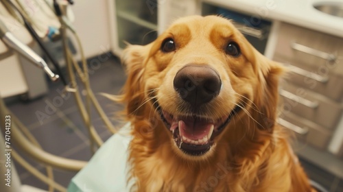 Dog sitting on a chair in the dental room And the dentist is examining the dog's teeth.