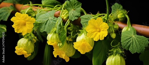 A close-up view of a cluster of yellow cucumber flowers blooming on a branch, showcasing the trumpet-shaped petals and distinct male and female blooms of the plant.