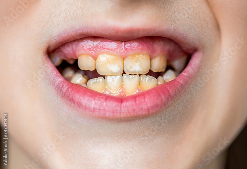 Close up of unhealthy baby teeths. Open mouth of a little boy with improperly growing teeth close-up. The concept of orthodontic and stomatology. Bad teeth child. Portrait boy with bad teeth