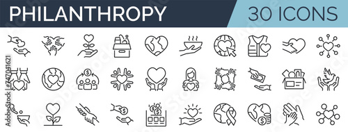 Set of 30 outline icons related to philanthropy.Linear icon collection. Editable stroke. Vector illustration