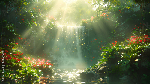 beautiful fantasy waterfall and flowers with natural background