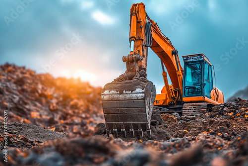 Bulldozer working at construction site with other machinery photo