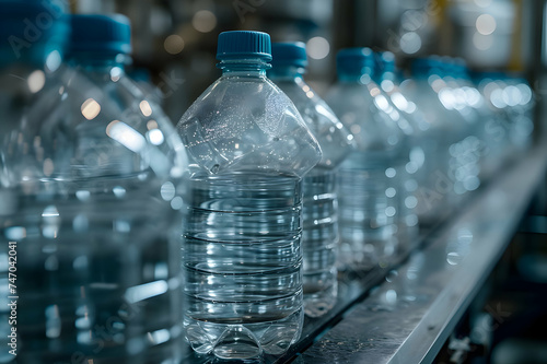 Conveyor belt with plastic water bottles in factory