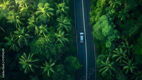 Car driving on asphalt road through lush forest from above