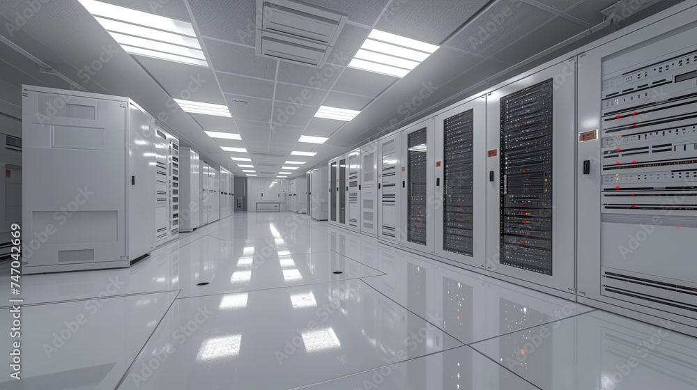 Obraz premium Server Racks room. Data Technology Center Server Racks. Data storage, cloud storage, Network Server house.