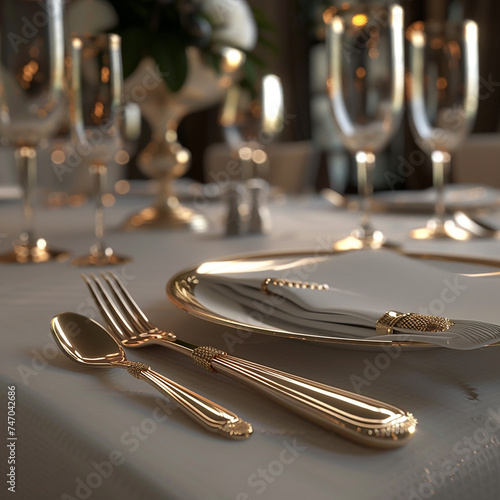3d rendered photos of cutlery, set on table, luxury, restaurant made with generative AI