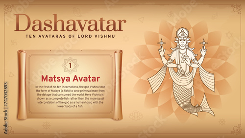 Matsya Avatar-Unveiling Vishnu's Primordial Fish Incarnation-A Vintage Infographic Journey Through the Ten Avatars of Dashavatara