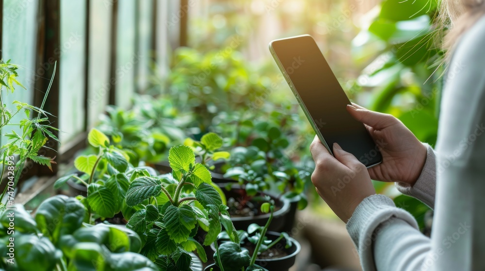 Urban Gardener Using Smartphone to Manage Lush Indoor Plant Collection, Blending Technology with Home Horticulture. Tech-Savvy Plant Care, Mobile Technology Amidst Verdant Greens - obrazy, fototapety, plakaty 