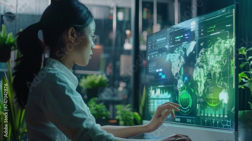 Analyzing Global Data Trends: A Professional Woman Interacts with Advanced Digital Interface for Environmental Insights. Female Analyst Engages with Interactive Display Showcasing Ecological Metrics. photo