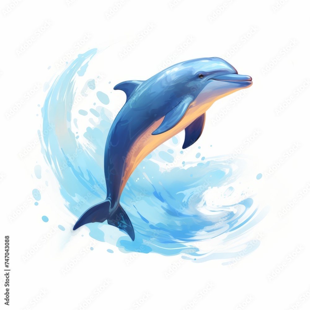 Fototapeta premium Playful 2D-style dolphin leaping out of the water