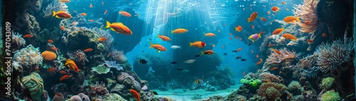 Aquarium as a portal to parallel universes, exotic fish swimming across dimensions, cyan gateway