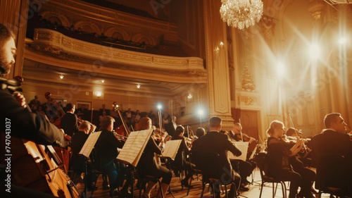 A classical music orchestra performs in an opulent concert hall, bathed in dramatic lighting. photo