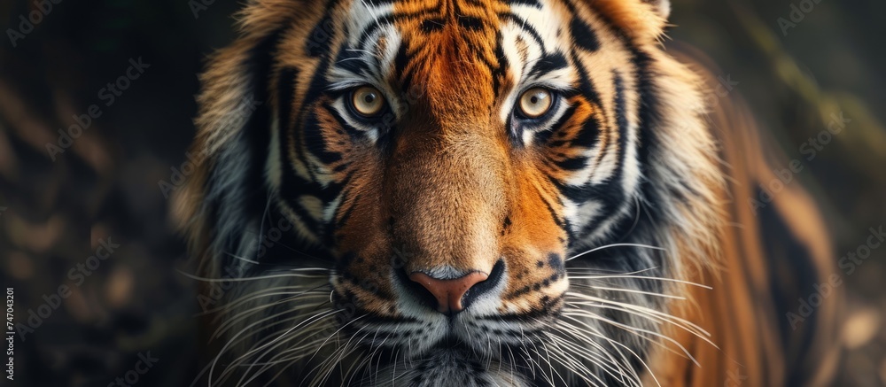 Intense close-up portrait of a majestic tiger's face showing fierce expression