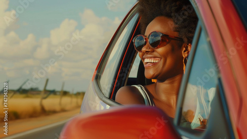 A woman enjoys the freedom of the open road on a sunny day, happiness written on her face.