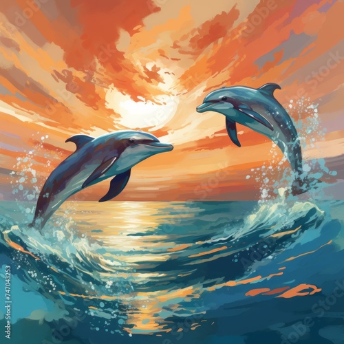 Playful 2D-style dolphins leaping out of the water
