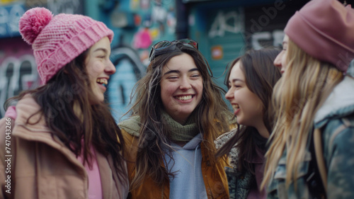 photo of a group of girls, friends, in their 20s, walking together, smiling and talking