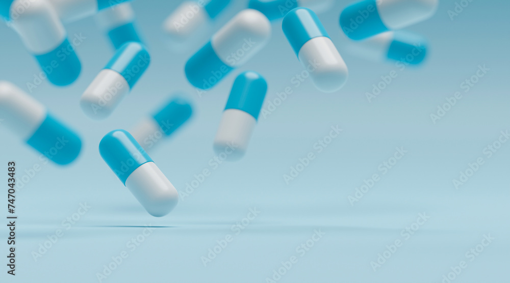 Medicine pharmacy pharmaceutical drugstore healthcare medical tablet pills medical tabs capsules concept. 3d rendering. - obrazy, fototapety, plakaty 