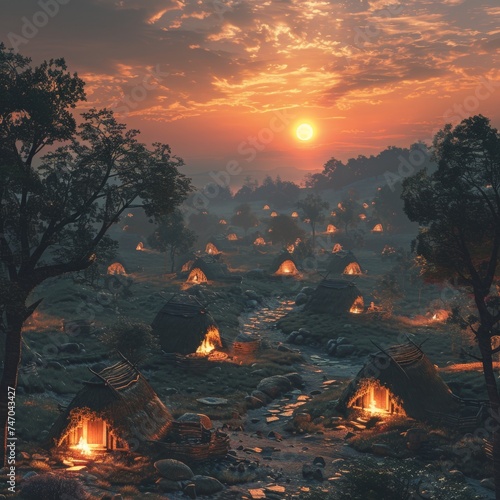 Copper Age village at dawn, the glow of early metallurgy igniting civilization