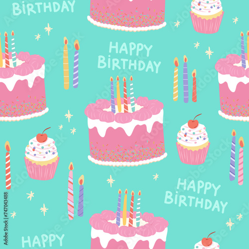 Pink happy birthday cake party seamless pattern