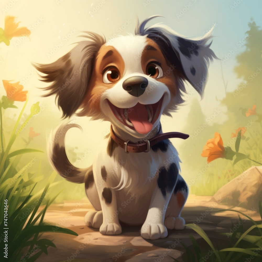 A happy 2D-style puppy with a big smile and wagging tail. A happy 2D-style puppy with a big smile and wagging tail.