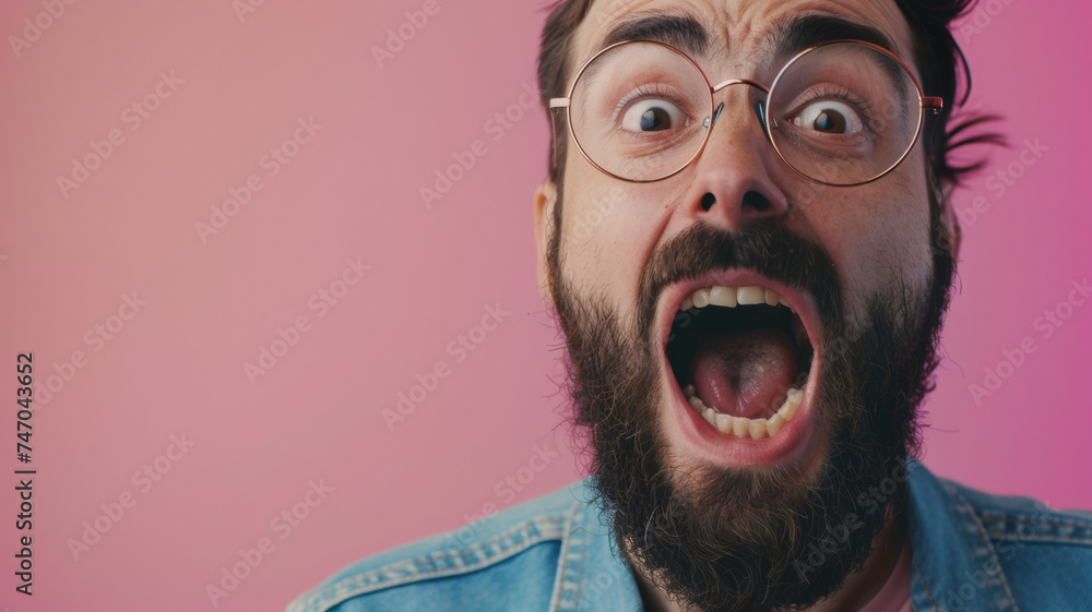 Vibrantly shocked man with a beard expressing surprise against a pink background.