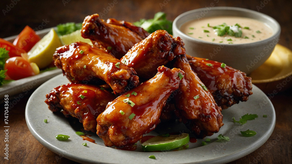 BBQ chicken wings alongside a variety of dipping sauces each one carefully arranged in vibrant bowls and zoom in on the moment when a crispy wing is dipped into a creamy ranch sauce