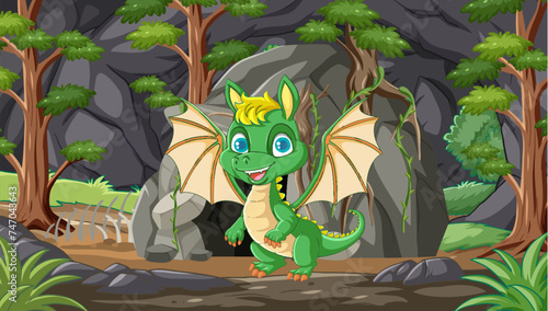 Cheerful cartoon dragon in a mystical woodland