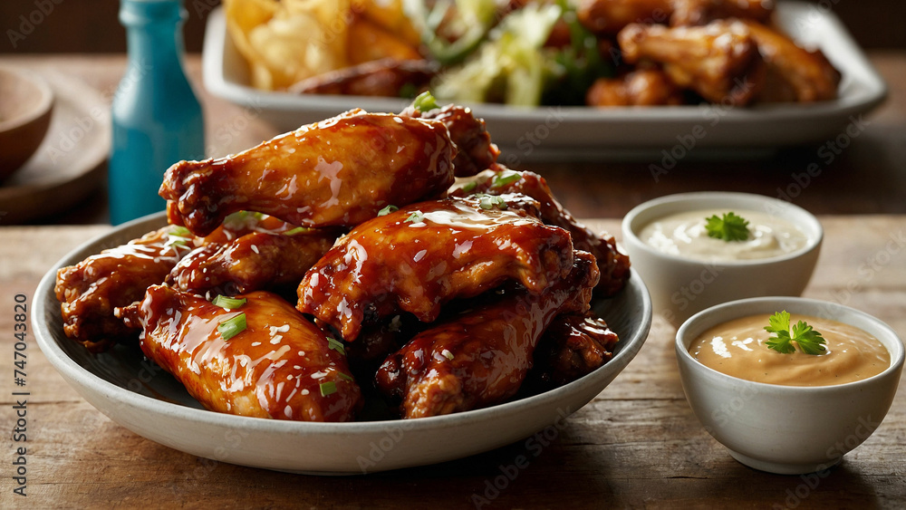 BBQ chicken wings alongside a variety of dipping sauces each one carefully arranged in vibrant bowls and zoom in on the moment when a crispy wing is dipped into a creamy ranch sauce BBQ chicken wings alongside a variety of dipping sauces each one carefully arranged in vibrant bowls and zoom in on the moment when a crispy wing is dipped into a creamy ranch sauce