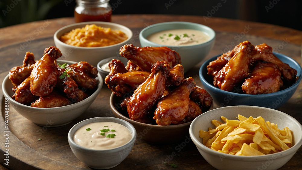 BBQ chicken wings alongside a variety of dipping sauces each one carefully arranged in vibrant bowls and zoom in on the moment when a crispy wing is dipped into a creamy ranch sauce - obrazy, fototapety, plakaty 