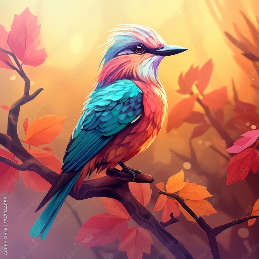 Fototapeta premium Colorful 2D-style bird perched on a branch