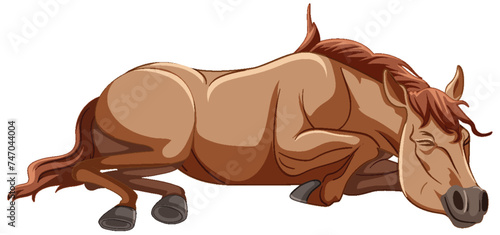 A peaceful horse lying down in a relaxed pose.