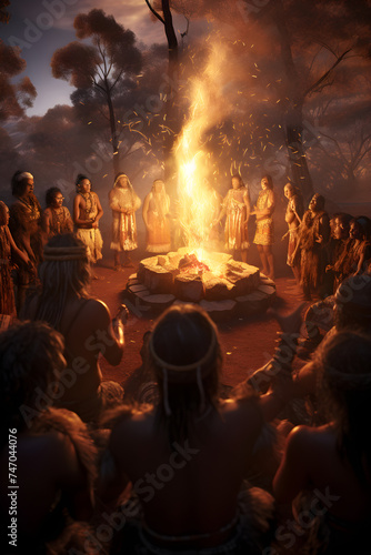 Vibrant Image of Aboriginal People Engaged in Traditional Ceremony Under the Twilight Sky