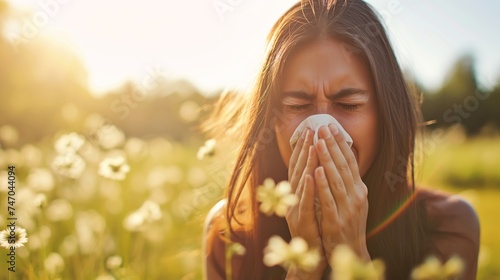 a woman sneezing into a paper tissue. allergies, hay fever, colds, Spring allergies, and getting sick concept. on meadow background with copy space. photo