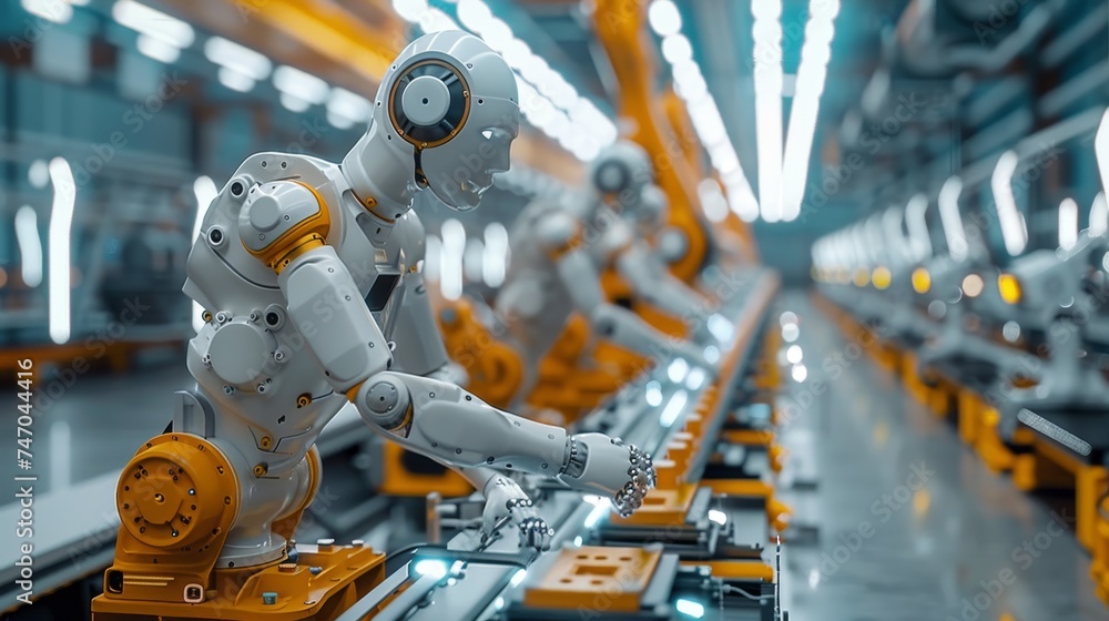 Futuristic Robot Arm on Production Assembly Line Futuristic Robot Arm on Production Assembly Line