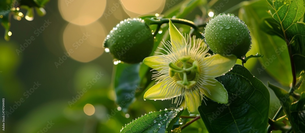 Macro photography of a terrestrial plant showcasing a close up of a flower with green fruits hanging from it, emphasizing the beauty of natural foods. Macro photography of a terrestrial plant showcasing a close up of a flower with green fruits hanging from it, emphasizing the beauty of natural foods.