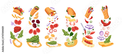 Shawarma set. Different shawermas: falafel, doner kebab, taco, gyros. Flying ingredients of fast food. Various fastfood rolls with meat, fresh vegetables. Flat isolated vector illustration on white
