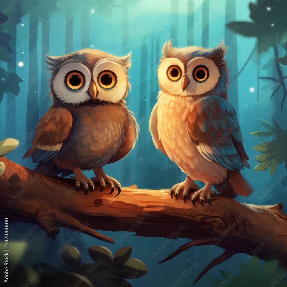 Friendly 2D-style owls sitting on a tree branch Friendly 2D-style owls sitting on a tree branch