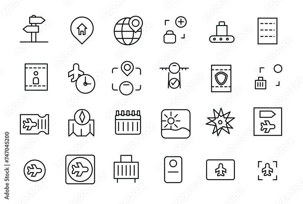 Travel and vacation linear icons collection. Collection of traveling and tourism elements. Vector illustration. Travel and vacation linear icons collection. Collection of traveling and tourism elements. Vector illustration.