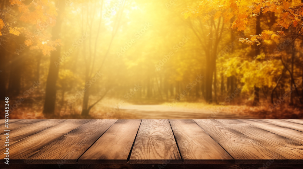 Autumnal Forest Scene with Wooden Table