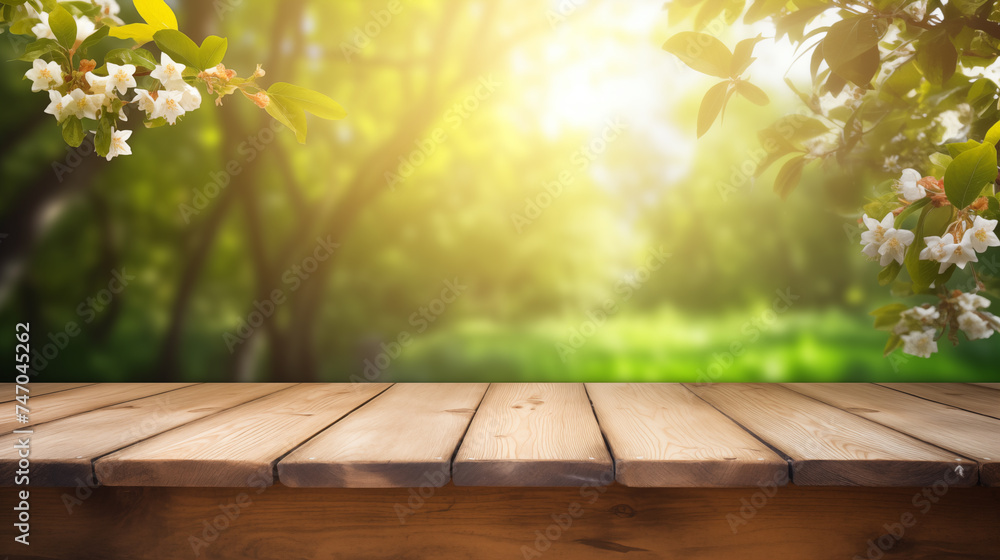 Sunny Forest Canopy Over Wooden Table