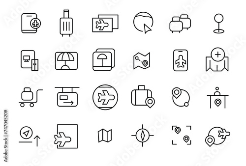Travel and vacation linear icons collection. Collection of traveling and tourism elements. Vector illustration.