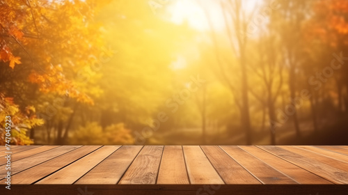 Autumnal Forest Scene with Wooden Table