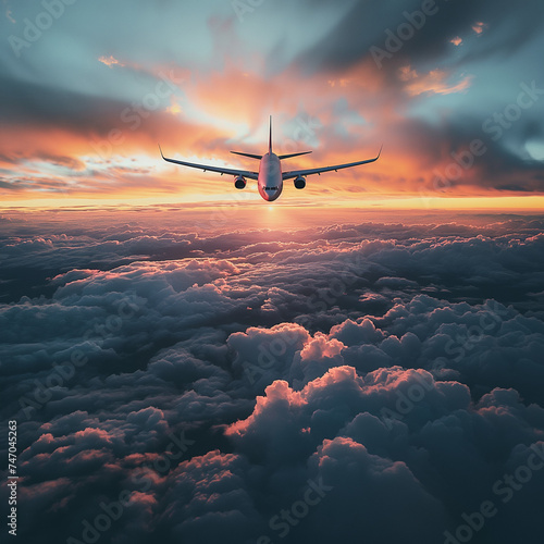 An airliner soaring through a sunrise scene, portraying a feel of renewal and hope