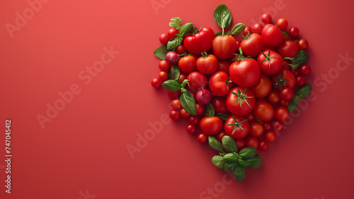red tomatoes with shaped heart on a red background