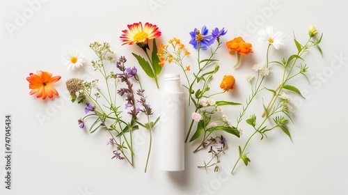 A luxurious hand cream tube with a burst of vibrant flowers and green herbal elements symbolizing natural, organic ingredients for eco-friendly skincare.