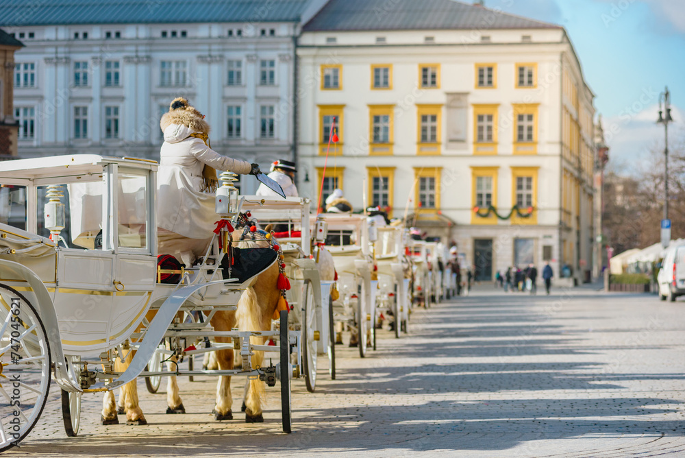 Fototapeta premium Queue of horse ride carriage for tourists during winter holidays, Lined up and ready to roll, a string of horse-drawn carriages awaits city tour passengers