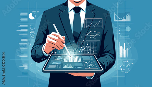 Concept of an image of an elite businessman analyzing digital data on a tablet. Vector illustration.