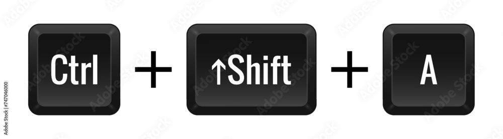 CTRL Shift A Key combination. Keyboard, control, computer, shortcut, laptop, functional, input device, peripheral, enter the text, typing, type, hotkeys, layout, language, qwerty. Vector illustration CTRL Shift A Key combination. Keyboard, control, computer, shortcut, laptop, functional, input device, peripheral, enter the text, typing, type, hotkeys, layout, language, qwerty. Vector illustration